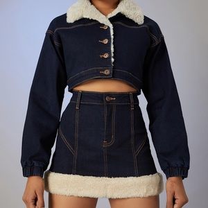 poster girl attention seeker faux fur denim set